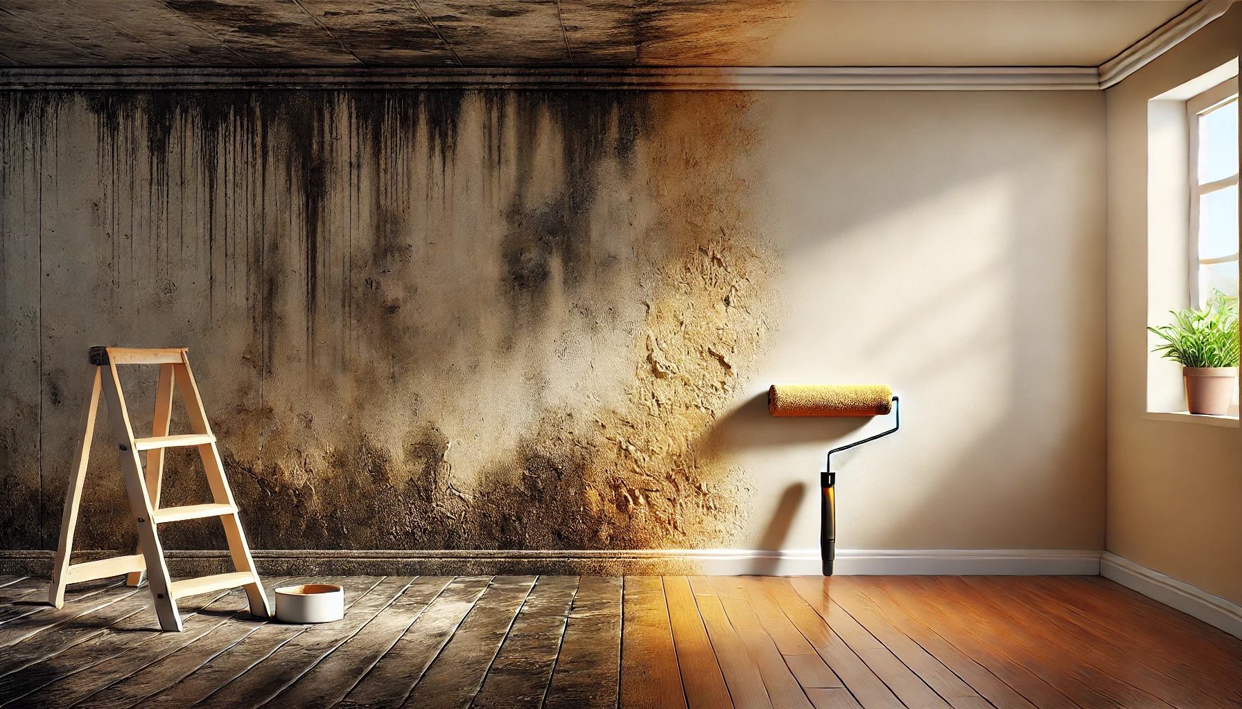 damp-ridden wall transforming into a dry, pristine surface